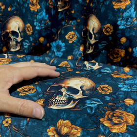 Digitrikoo: Pääkallot ja kukat, tumma petrooli - okra