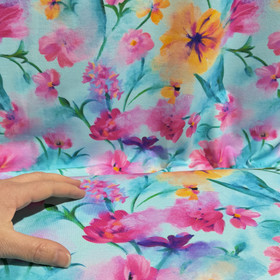 Digitrikoo: Hennot vesivärikukat, vaalea turkoosi - pinkki - lämmin keltainen