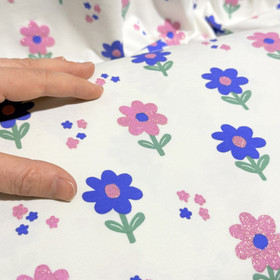 Trikoo: Kukat glitterillä, valkoinen - violetti - vaaleanpunainen