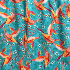 Kudottu viskoosi: Linnut, turkoosi - pinkki - punainen