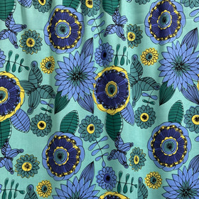 Kudottu viskoosi: Suuret piirretyt kukat, minttu - vihreä - keltainen