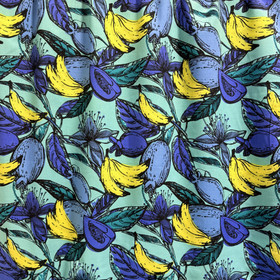 Kudottu viskoosi - puuvilla: Hedelmät, minttu - sininen - keltainen 