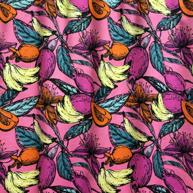 Kudottu viskoosi - puuvilla: Hedelmät, pinkki - turkoosi - keltainen