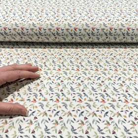 Canvas: Pienet lehdet, luonnonvalkoinen - armeijanvihreä - okra