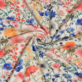 Ribbitrikoo: Kesäkukat, luonnonvalkoinen - koralli - sininen - oranssi