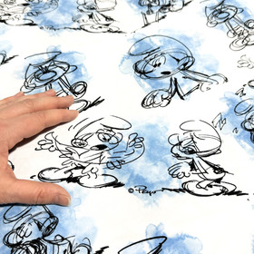 Smurffit -trikookangas: Suuret mustavalkoiset Smurffit, valkoinen - sininen