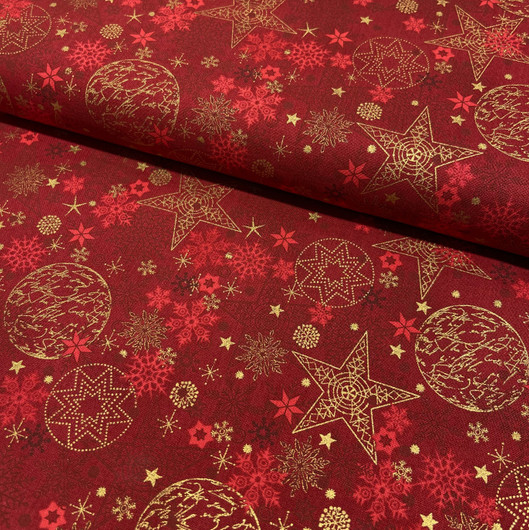 Puuvilla: Tähdet ja joulupallot, tummanpunainen - kulta