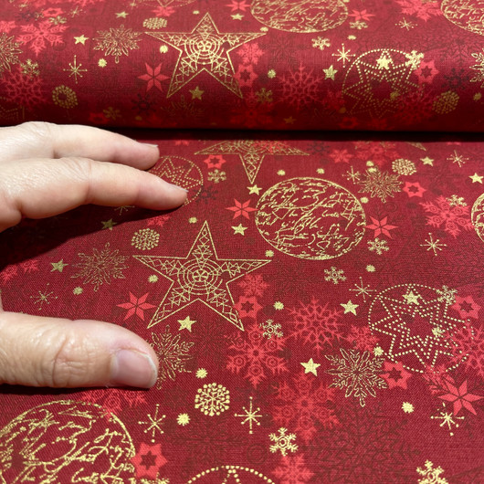 Puuvilla: Tähdet ja joulupallot, tummanpunainen - kulta