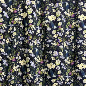 Digitrikoo: Linnut ja kukat, tummansininen - violetti - vaaleankeltainen 