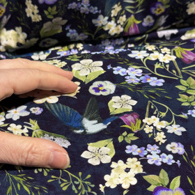 Digitrikoo: Linnut ja kukat, tummansininen - violetti - vaaleankeltainen 