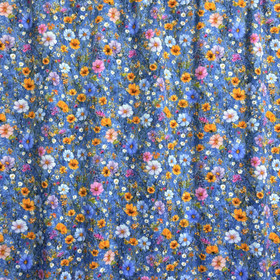 Digitrikoo: Oranssit ja vaaleanpunaiset kukat, jeans - laventeli - pinkki