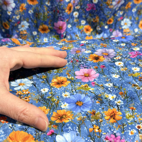 Digitrikoo: Oranssit ja vaaleanpunaiset kukat, jeans - laventeli - pinkki