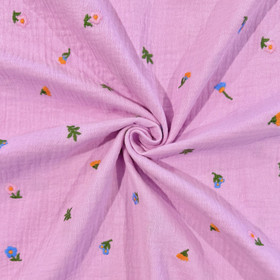 Double gauze: Brodeeratut kukat, vaalea lila