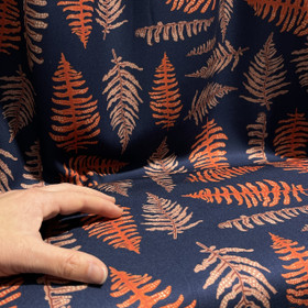 Viskoosi twill: Lehdet, tummansininen - oranssi