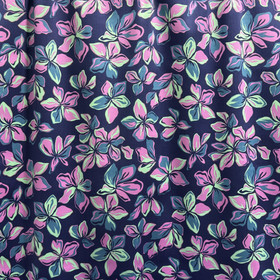 Puuvillasatiini: Suuret kukat, tummansininen - minttu - petrooli - vaaleanpunainen