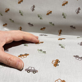 Puuvillapopliini: Pikkuautot, beige - vihreä - konjakki