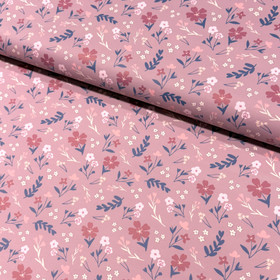 Sadetakkikangas: Kukat ja lehdet, mauve - roosa - jeans
