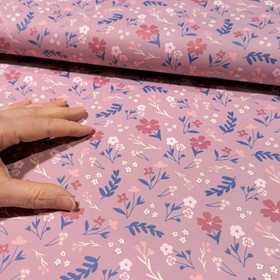 Sadetakkikangas: Kukat ja lehdet, mauve - roosa - jeans