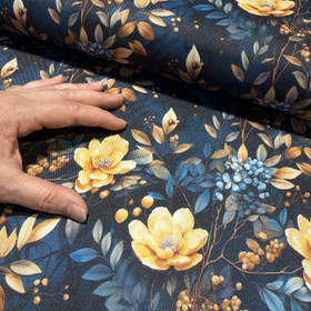 Oxford: Laminoitu polyesterikangas, keltaiset kukat - tummansininen - jeans