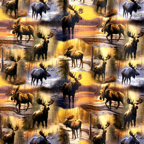 Digitrikoo: Hirvet, ruskea - okra - jeans