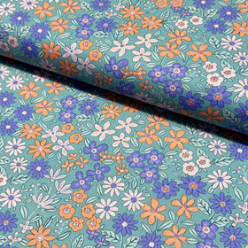 Canvas: Oranssit ja siniset kukat, murrettu turkoosi