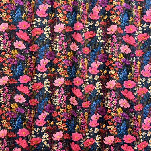 Digitrikoo: Pinkit kukat, tummansininen - petrooli - sininen - keltainen