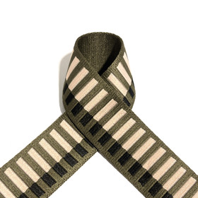 Prym: Laukkuhihna 40mm, poikkiraita, armeijanvihreä - hento vaaleanpunainen