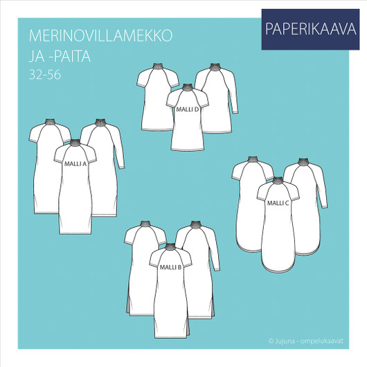 Jujuna, kaavapaketti: Merinovillamekko ja -paita 32-56