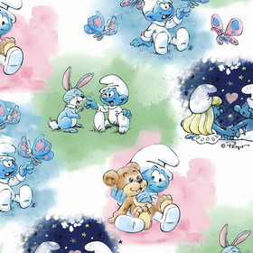 Smurffit -trikookangas: Baby Smurffit, valkoinen - sininen - vihreä - vaaleanpunainen 