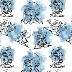 Smurffit -trikookangas: Suuret mustavalkoiset Smurffit, valkoinen - sininen