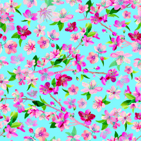 Utuliini: Kirsikankukat luomupuuvillatrikoo, turkoosi