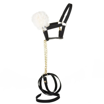 Keppihevosen nahkariimu ja riimunaru,joissa ihanan pörröiset koristeet