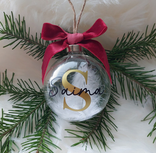 Joulupallo nimellä, punaisella tai valkealla samettirusetilla.