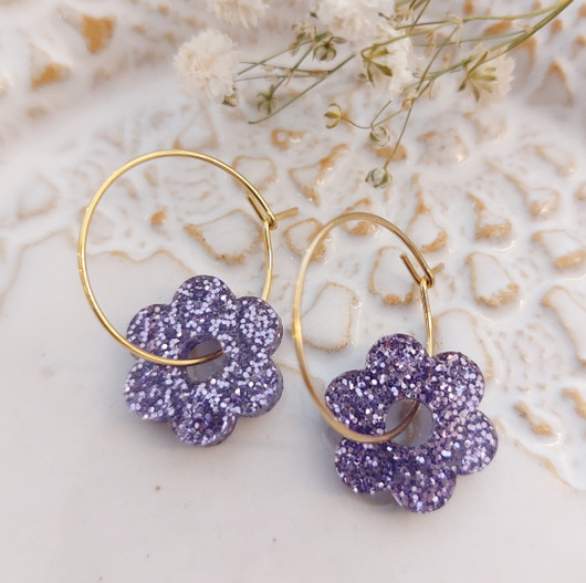 Kukka -korvakorut, glitteri violetti