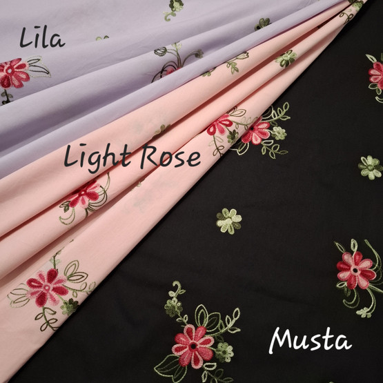 Brodeerattu puuvillapopliini, kukat, Light Rose