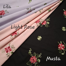 Brodeerattu puuvillapopliini, kukat, Musta