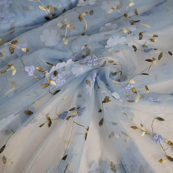 Brodeerattu 3D Kukkatylli, Vaaleansininen