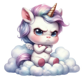 Värillinen silityskuva: Yksisarvinen pilvenhattaralla