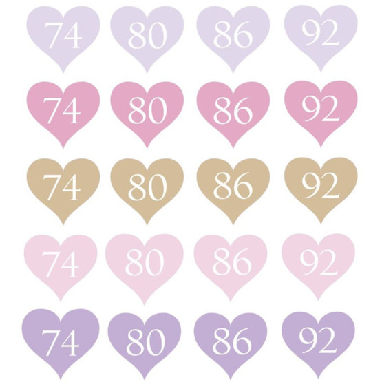 Silitettävä kokomerkki, SYDÄN, LILA/ROOSA lajitelma, 5 kpl ( koot 50-146 )