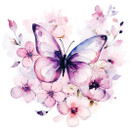 Värillinen silityskuva: Perhonen ja kukat, lila