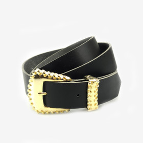Nahkavyö 30mm- kultasoljella -Musta