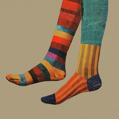 Kuvassa on jalat, joissa on kirjavat sukat jalassa, toisessa sukassa on pystyraitoja, toisessa on vaakaraitoja