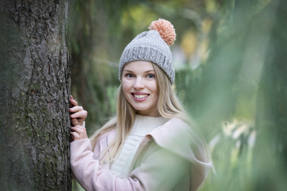 Beanie with big light pink pom pom