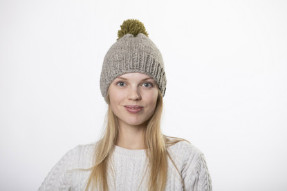 Beanie with big green pom pom
