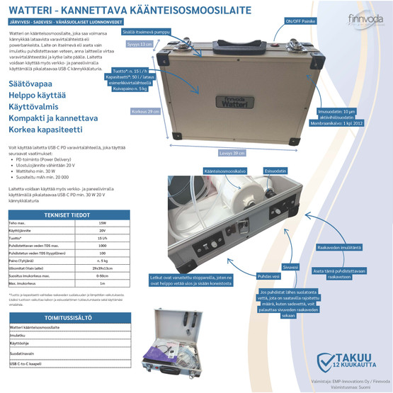 Watteri – Kannettava käänteisosmoosi vedenpuhdistin