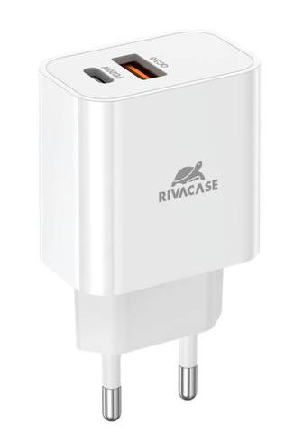 RIVACASE 20W USB-C ja USB-A laturi, valkoinen