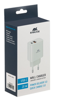 RIVACASE 20W USB-C ja USB-A laturi, valkoinen