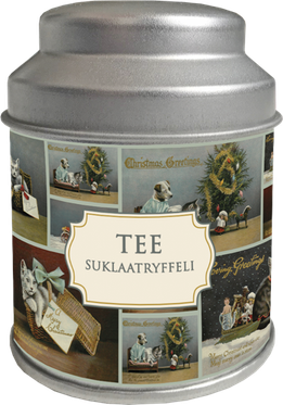 Teepusseja tinapurkissa, suklaatryffeli, joulu