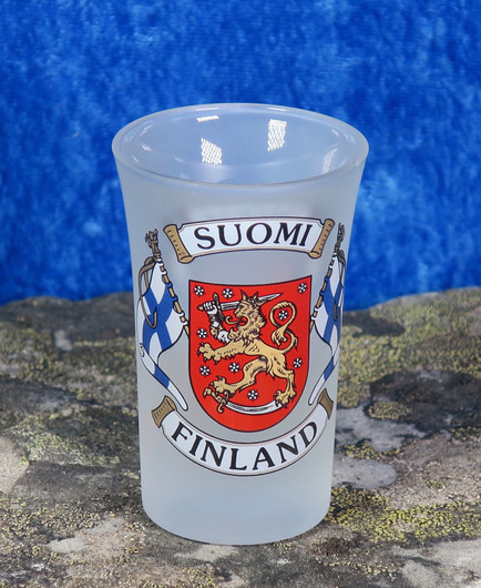 Shottilasi Suomi-Finland, liput vaakunalla, huurrettu