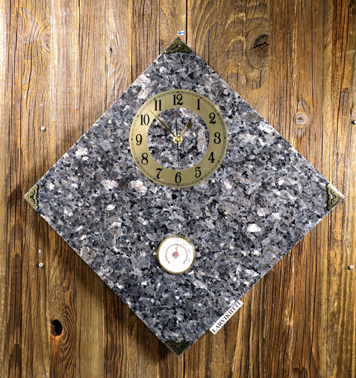 Seinäkello larvikiitti lämpömittarilla 30x30cm kulmittain 312-4